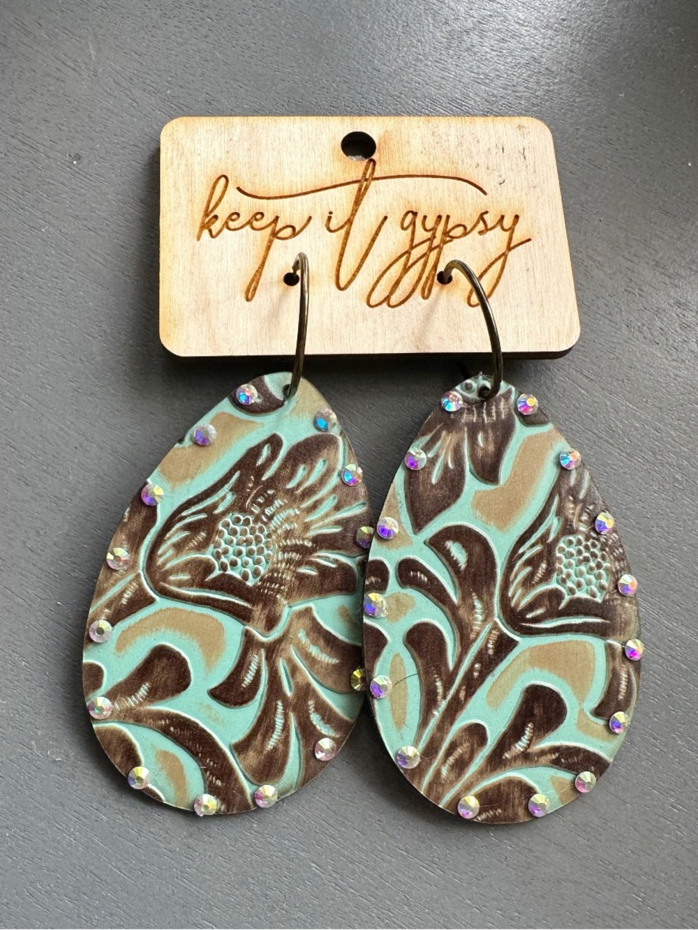 Keep it Gypsy Blue/Brown Tooled Leather Teardrop Shaped earrings NWT